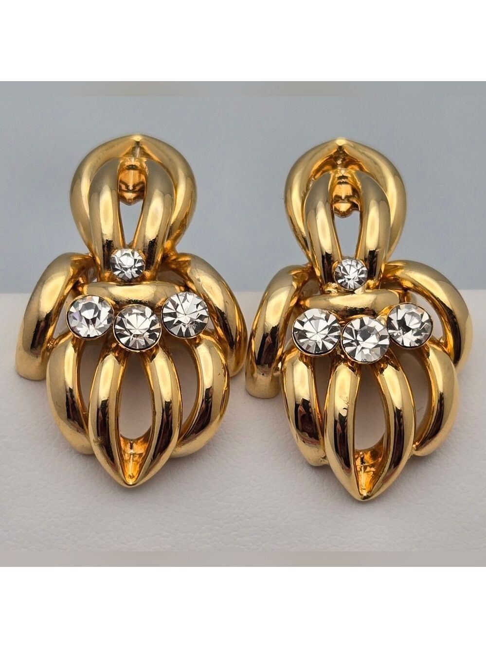 Vintage Gold Tone Door Knocker Earrings Crystal Accent Statement
